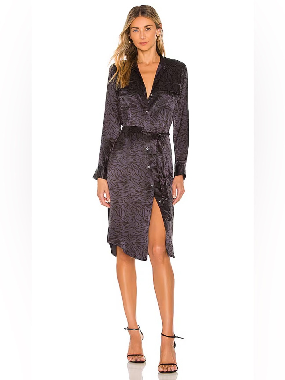 Rails Gray Satin Midi Shirt Dress with Animal Print